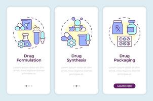 Drug manufacturing onboarding mobile app screen. Walkthrough 3 steps editable graphic instructions with linear concepts. UI, UX, GUI template vector