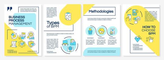 BPM methodologies organization blue and yellow brochure template. Leaflet design with linear icons. Editable 4 layouts for presentation, annual reports vector