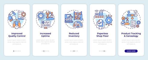 Benefits of MES onboarding mobile app screen. Quality control. Walkthrough 5 steps editable graphic instructions with linear concepts. UI, UX, GUI template vector