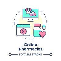 Online pharmacies multi color concept icon. EHR system. Electronic health record. Pharmacy software. Round shape line illustration. Abstract idea. Graphic design. Easy to use in infographic, article vector