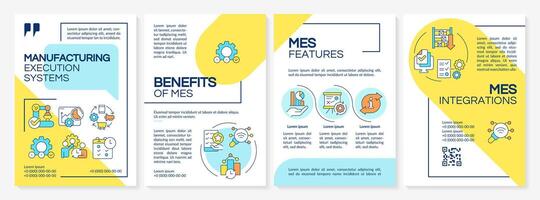 MES organization blue and yellow brochure template. Leaflet design with linear icons. Editable 4 layouts for presentation, annual reports vector
