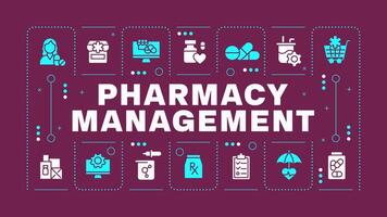 Pharmacy management dark purple word concept. Chemist shop, prescription organization. Pill bottle. Visual communication. Artwith lettering text, editable glyph icons vector