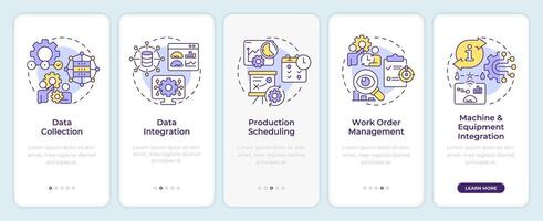 MES features onboarding mobile app screen. Factory automation. Walkthrough 5 steps editable graphic instructions with linear concepts. UI, UX, GUI template vector