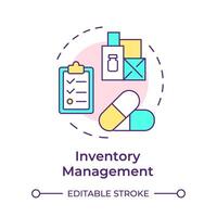 Inventory management multi color concept icon. Drug manufacturing, pharmaceutical products. Round shape line illustration. Abstract idea. Graphic design. Easy to use in infographic, article vector