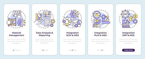 MES manufacturing organization onboarding mobile app screen. Walkthrough 5 steps editable graphic instructions with linear concepts. UI, UX, GUI template vector