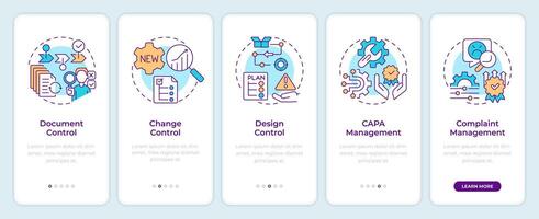 QMS processes onboarding mobile app screen. Document control. Walkthrough 5 steps editable graphic instructions with linear concepts. UI, UX, GUI template vector