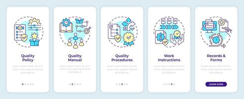 QMS document structure onboarding mobile app screen. Walkthrough 5 steps editable graphic instructions with linear concepts. UI, UX, GUI template vector