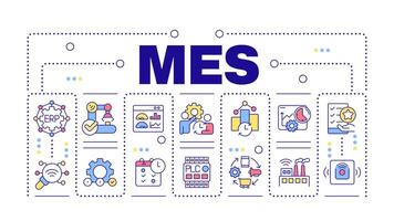 MES word concept isolated on white. Manufacturing operations, production scheduling. Performance analysis. Creative illustration banner surrounded by editable line colorful icons vector