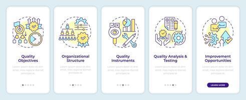 Quality management system elements onboarding mobile app screen. Walkthrough 5 steps editable graphic instructions with linear concepts. UI, UX, GUI template vector