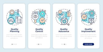 Quality management onboarding mobile app screen. Walkthrough 4 steps editable graphic instructions with linear concepts. UI, UX, GUI template vector