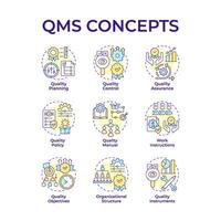 QMS multi color concept icons. Quality control, operational consistency. Business structure. Icon pack. Round shape illustrations for infographic, presentation. Abstract idea vector