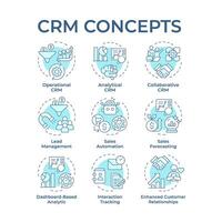 CRM system types soft blue concept icons. Customer management, sales automation. Business intelligence. Icon pack. Round shape illustrations for infographic. Abstract idea vector