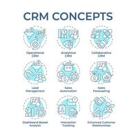 crm sistema tipos suave azul concepto iconos cliente gestión, ventas automatización. negocio inteligencia. icono embalar. redondo forma ilustraciones para infografía. resumen idea vector