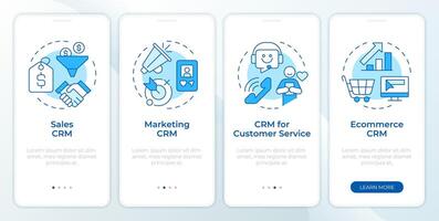 CRM system types blue onboarding mobile app screen. Walkthrough 4 steps editable graphic instructions with linear concepts. UI, UX, GUI template vector