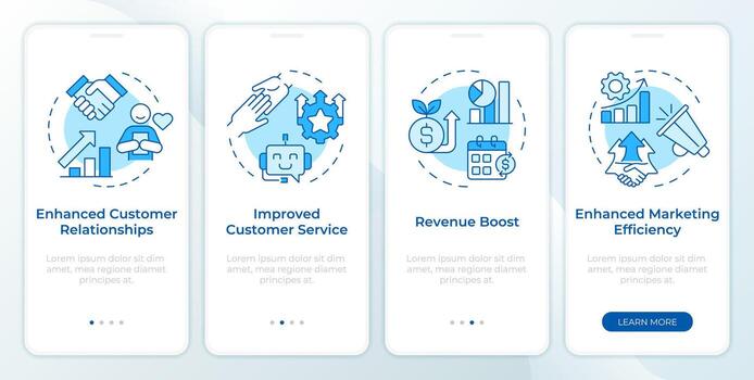 CRM management system blue onboarding mobile app screen. Walkthrough 4 steps editable graphic instructions with linear concepts. UI, UX, GUI template vector