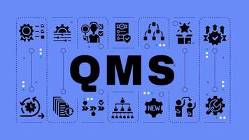QMS blue word concept. Quality analysis, improvement opportunities. Resource planning, smart goals. Visual communication. Artwith lettering text, editable glyph icons vector