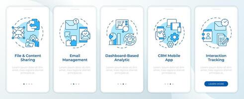 CRM organizational benefits blue onboarding mobile app screen. Walkthrough 5 steps editable graphic instructions with linear concepts. UI, UX, GUI template vector