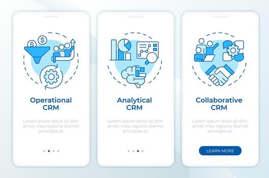 CRM tools blue onboarding mobile app screen. Advanced analytics. Walkthrough 3 steps editable graphic instructions with linear concepts. UI, UX, GUI template vector
