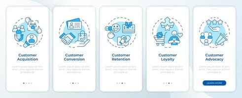 Customer relationships blue onboarding mobile app screen. Walkthrough 5 steps editable graphic instructions with linear concepts. UI, UX, GUI template vector