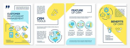 CRM tool types blue and yellow brochure template. Business statistics. Leaflet design with linear icons. Editable 4 layouts for presentation, annual reports vector