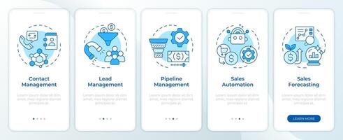 CRM features blue onboarding mobile app screen. Walkthrough 5 steps editable graphic instructions with linear concepts. UI, UX, GUI template vector