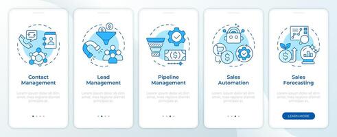crm caracteristicas azul inducción móvil aplicación pantalla. recorrido 5 5 pasos editable gráfico instrucciones con lineal conceptos. ui, ux, gui modelo vector