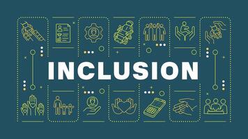 Inclusion purple word concept. Diversity business disability. Social justice, accessibility. Horizontal image. Headline text surrounded by editable outline icons vector