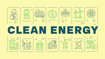 Clean energy green word concept. Energy windmill, green technology. Nature preservation. Horizontal image. Headline text surrounded by editable outline icons vector