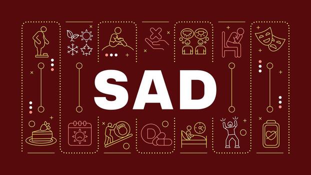 SAD red word concept. Affective disorder, low mood. Interest loss, concentrating issues. Horizontal image. Headline text surrounded by editable outline icons vector