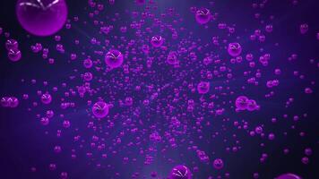 astratto viola bolle galleggiante e Filatura su un' brillante buio blu sfondo con luminosa riflessi e in movimento telecamera effetto , movimento grafica , 4k , 60 fps video