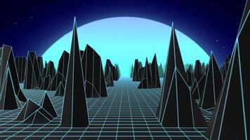 synthwave landskap bakgrund med ljus blå rutnät, klippig berg former och lysande måne på en starry natt himmel i retro stil av de 80s och 90s , sömlös slinga animering , 4k , 60 fps video