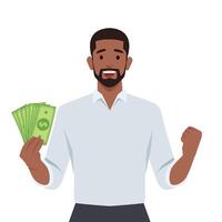 Young businessman showing cash, money and making raised hand fist gesture sign. vector