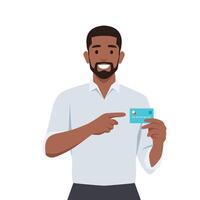 Man showing or holding credit or debit card and pointing hand. vector