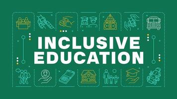 Inclusive education yellow word concept. School inclusion, equality. Disability acceptance. Horizontal image. Headline text surrounded by editable outline icons vector