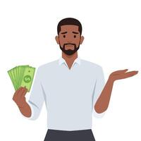 A man confused about how to invest holding money dollar. vector