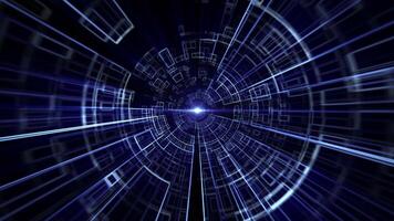 resumen animación de volador mediante brillante azul túnel con cuadrado conformado digital elementos. ciencia ficción , computadora tecnología y artificial inteligencia antecedentes , movimiento gráficos , 4k , 60 60 fps video