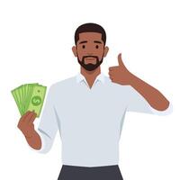 Man Flashing a Thumbs Up While Holding Dollar Bills. vector