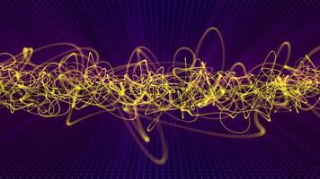 Seamless loop animation of abstract screensaver with scribble shaped lines and bright yellow glow effect on a shiny purple background, graffity and hip hop style motion graphics, vj loop, 4k, 60 fps video