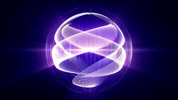 Seamless loop animation of abstract energy sphere made of white curvy lines and particles with blue and purple glow effect on a shiny dark background , motion graphics , looped , 4k , 60 fps video