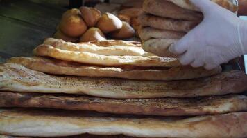 fresh baked breads at Market shelves in istanbul . video