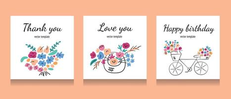 Greeting cards with flowers composition, square templates with copy space, arrangement with flower basket, floral bouquet, valentine or birthday card set, gift for womens day, mothers day vector