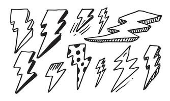 set of hand drawn doodle electric lightning bolt symbol sketch illustrations. thunder symbol doodle icon. vector