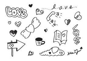 hand drawn doodles set for Valentine's Day. collection of beautiful hearts and writings Love on white background. vector