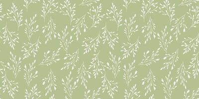 Pastel seamless pattern with gently tiny branches and small leaves. Abstract little floral stems printing on a green, mint background. hand drawing. Simple ornament for designs, fabric vector