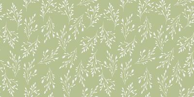 Pastel seamless pattern with gently tiny branches and small leaves. Abstract little floral stems printing on a green, mint background. hand drawing. Simple ornament for designs, fabric vector