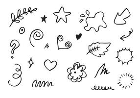 Hand drawn set elements, black on white background.,Arrow, heart, love, star, leaf, circle, light, flower, crown,Swishes, swoops, emphasis ,swirl for concept design. vector