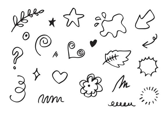 Hand drawn set elements, black on white background.,Arrow, heart, love, star, leaf, circle, light, flower, crown,Swishes, swoops, emphasis ,swirl for concept design.