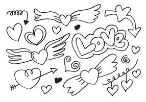 hand drawn doodles set for Valentine's Day. collection of beautiful hearts and writings Love on white background. vector