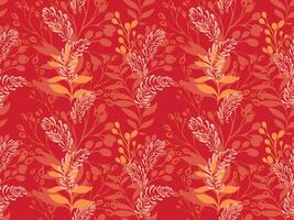 Abstract artistic branches, forms leaves intertwined seamless pattern. hand drawing illustration. Colorful orange printing with creative shapes leaf. Template for designs, textile, fabric vector
