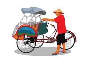 Rickshaw becak yogyakarta. Tricycle vehicle. A man holding a rickshaw. Isolated on white background. vector